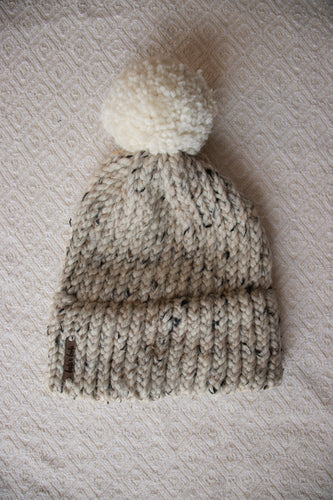 Double Brim Hat - Oatmeal with Yarn Pom